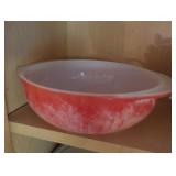 Red Pyrex casserole dish without lid