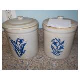 Set of 2 Pottery Canisters/Crocks - lid chipped