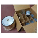 Holiday glasses (trees & snowmen) and ice bucket