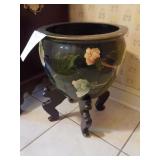 Floral flower pot with wooden stand