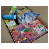 box of childern toys, games, bubbles, book