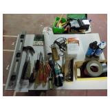 lot of misc tools, level, hot glue gun & more