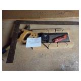 handsaw, square, nail puller, tape measure, etc..