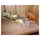 4 elephant figurines - wood, glass, metal, stone
