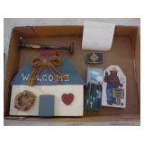 Box lot Welcome house sign, misc items