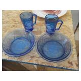 2 bowls & 2 glasses, blue, Shirley Temple print