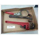 Monkey wrench, oil filter wrench, hammer