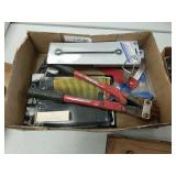 Box lot of tools - bolt cutters battery hold down