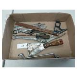 Box lot -wrenches, pliers, putty scrape and more