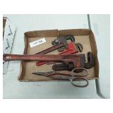 Box lot of pipe wrenches and metal shearsbox lot