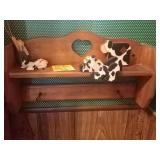 Wood heart shelf w/ figurines
(Screwed into wall.