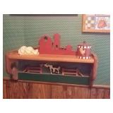 Wooden farm shelf w/contents (Screwed into wall.