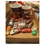 NASCAR matchbox cars with two coffee cups
