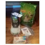 Automatic watering dish, cat food, cat wipes and