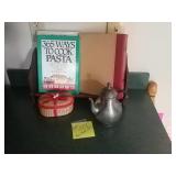 Tea pot and cook books