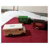3 toy truck banks John Deere, true value and