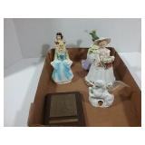 3 ladies figurines, tooth pick holder and postage