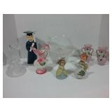Misc items   glass basket, vases, figurines