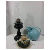 Oil lamp, blue pitcher and pin cushion