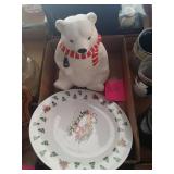 Coca-Cola bear cookie jar and Christmas plate