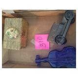 Music box, old car bank and perfume bottle