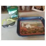 John Deere tin, Farmall tray and sunglasses