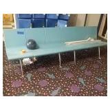 Blue 6 person bench. 99" long. Contents not