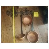 4 piece copper pan and bowls with hanging rack