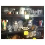 Drinking glasses, glass shaker, stir sticks, beer