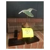 Wood bookends with hummingbird bottle topper