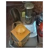 2 lanterns and candle stick holder