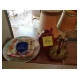 2 plates, bowl and 1 candle stick holder and lamp