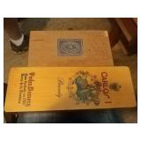 Cigar boxes. Some uave liquor labels in them