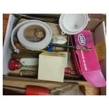 Cigar box, funnel and other misc.