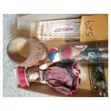 Misc. box  two dolls, chop sticks