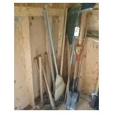 Sledge hammer, pick axe, pitch fork, shovels