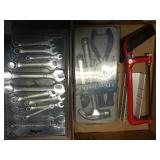 Small hacksaw, 10 piece wrench set, 5 mini tool