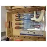 Screw driver level and hacksaw