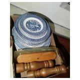Plate set, table brush, salt and pepper shaker. (