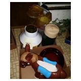 Popcorn popper, thermos, donkey planter and