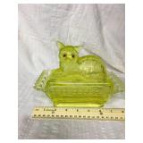 Cat cover dish Vaseline glass