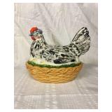 Speckled hen on nest 10 x 7 x 8