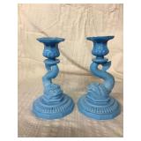 Serpent candlesticks Blue milk glass 8 x 5
