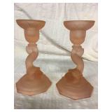 S Serpent candlesticks Pink frosted glass 6.5 x