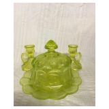 Vaseline glass candleholders and butter dish