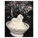 Lion covered dish Milk glass