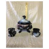 Purple slag seashell covered dish and swan