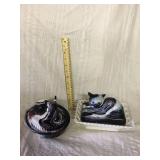 Purple slag cover dishes fox and cat