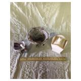 Purple slag swan and bowl and a cat head covered