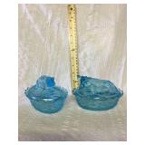 Blue glass frog and cow covered dish